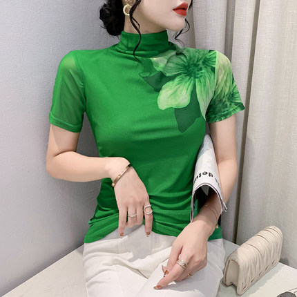 女装2024新款潮时尚印花网纱T恤女短袖紧身内搭上衣高领打底小衫