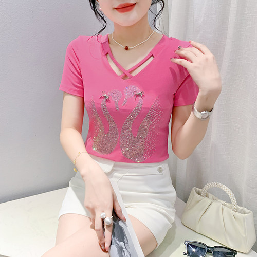 时尚V领洋气T恤女短袖夏装欧货别致显瘦烫钻上衣修身百搭半袖小衫