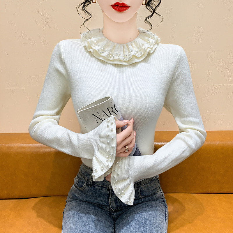 法式钉珠荷叶边半高领针织衫女秋冬内搭显瘦气质喇叭袖打底衫毛衣