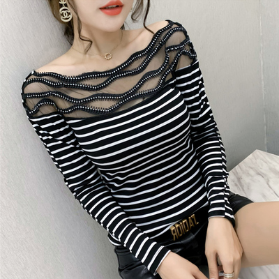 网纱拼接修身条纹长袖打底T恤