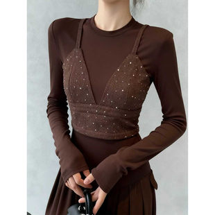 钉珠设计感内搭上衣 女秋冬2025新款 复古假两件吊带背心长袖 打底衫