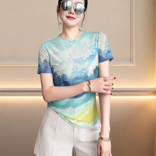 时尚印花短袖T恤女装2026新款今年流行爆款夏季弹力薄款网纱上衣