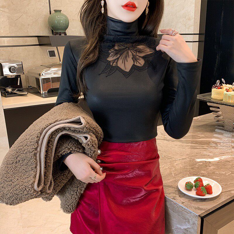 欧洲站烫金网纱蕾丝花边高领打底衫加绒镂空长袖t桖修身上衣女ins