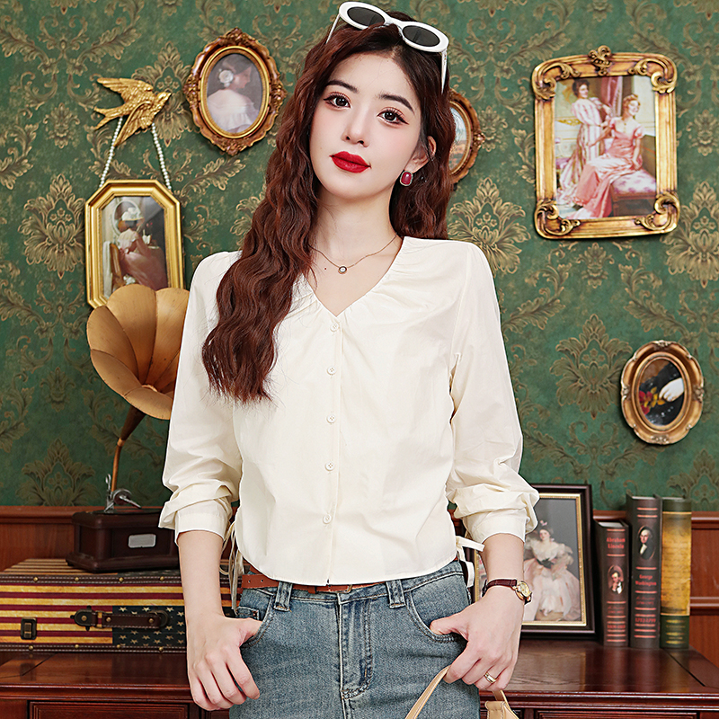 法式V领抽绳长袖衬衫女春秋2025新款小个子宽松短款独特别致上衣