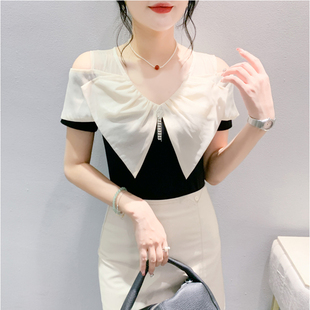 2024夏季新款T恤女性感露肩短袖蝴蝶结钉钻修身显瘦上衣体恤小衫