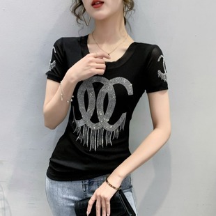 潮修身 欧货洋气小衫 网纱上衣夏 2024新款 欧洲站重工烫钻t恤女短袖