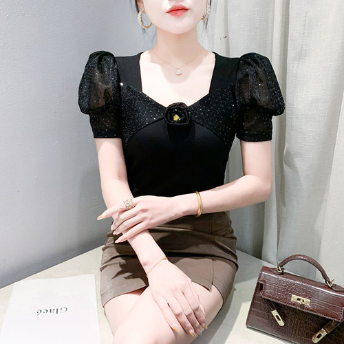 欧货2025夏装新款性感方领亮片短袖T恤女装设计感泡泡袖显瘦上衣
