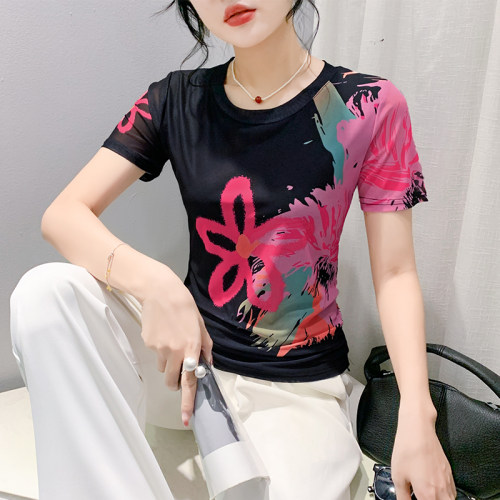 欧货薄款短袖t恤女2024新款洋气圆领印花上衣修身显瘦网纱体恤夏