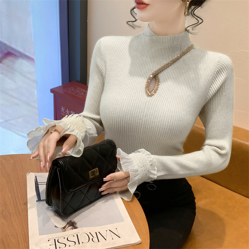 半高领毛衣打底衫女秋冬修身显瘦镂空钉钻针织衫长袖洋气内搭上衣