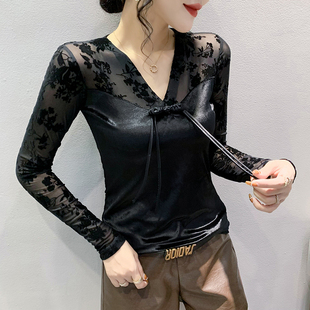 欧货植绒网纱上衣气质百搭打底小衫 性感V领T恤女长袖 新款 2024秋装