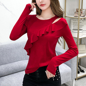 2024春装 潮 荷叶边洋气上衣女设计感打底衫 新款 性感露肩T恤女长袖