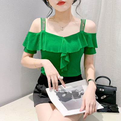 气质荷叶边烫钻上衣女夏性感一字领露肩短袖T恤紧身显瘦网纱小衫