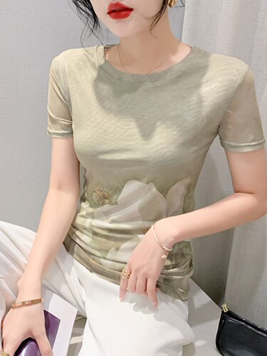 洋气网纱印花短袖T恤女夏季新款欧货修身显瘦别致冰丝打底上衣潮