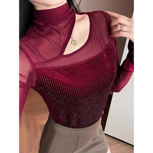 性感镂空网纱拼接上衣女秋冬内搭半高领打底衫 t恤潮 气质烫钻长袖