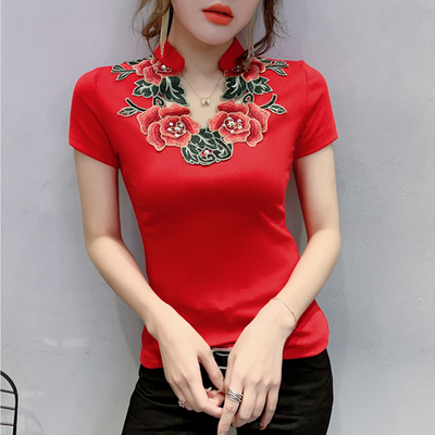2024新款时尚V领T恤女短袖重工刺绣中国风上衣设计感小众半袖小衫
