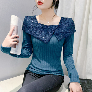 气质方领亮片打底衫女秋装新款女人味荷叶边上衣紧身显瘦长袖t恤