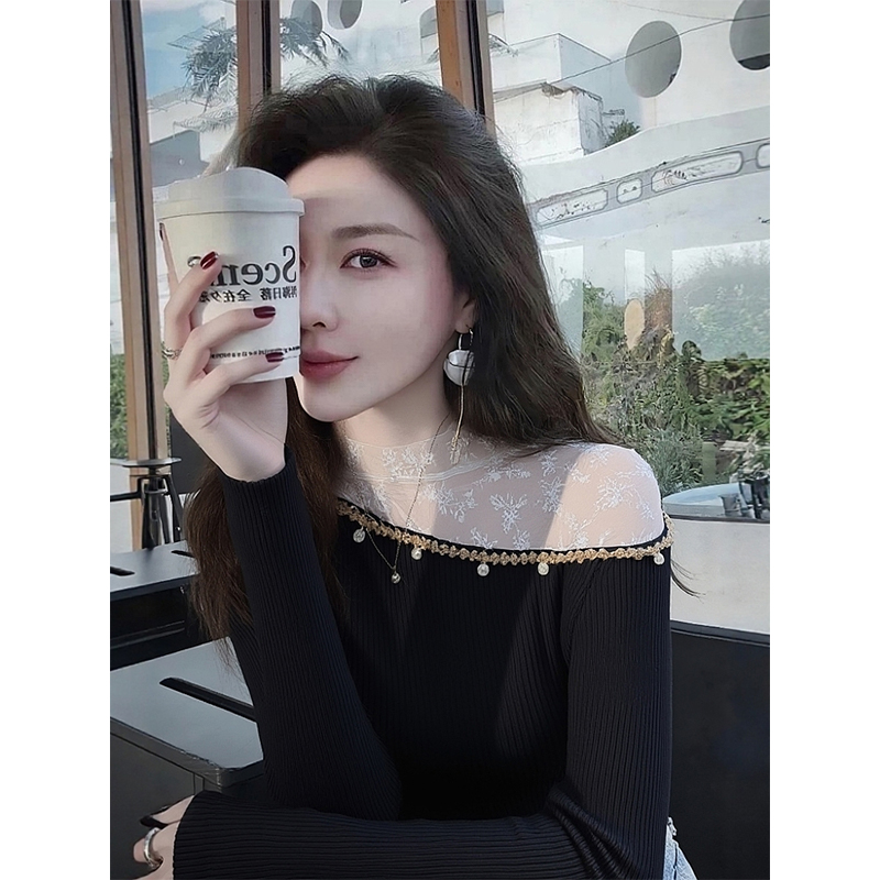 秋冬款纯欲网纱拼接半高领毛衣针织打底衫女内搭设计感甜辣妹上衣