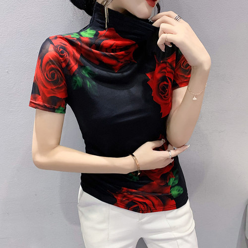 短袖通勤常规3D印花拼网纱