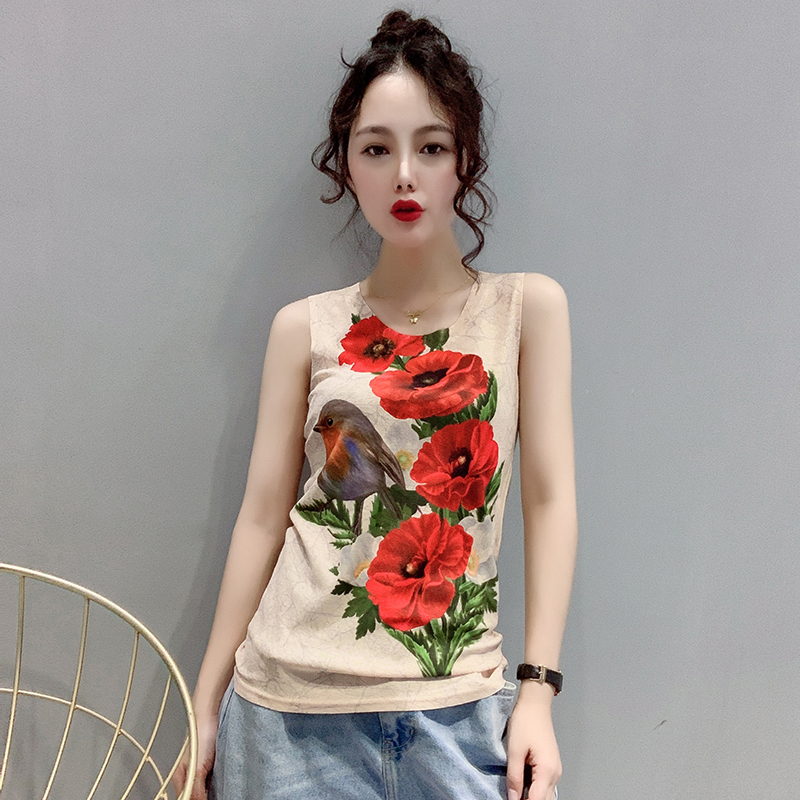欧洲站2024夏装新款时尚短款印花背心无袖打底衫女花色T恤上衣潮t