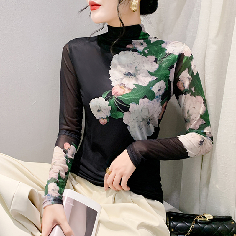 时髦减龄印花t恤女长袖秋冬洋气网纱上衣半高领加绒加厚打底小衫