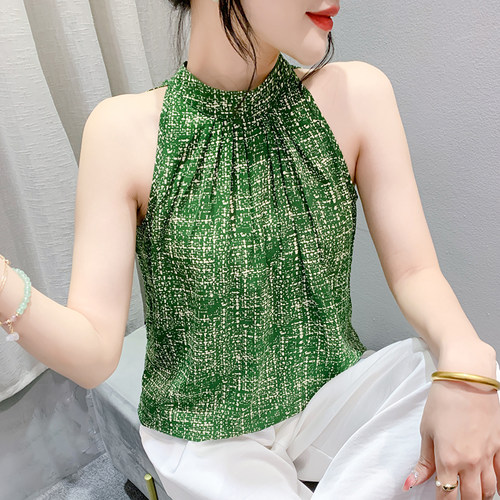 夏季新款复古印花无袖挂脖背心吊带女外穿百搭欧货度假风雪纺上衣