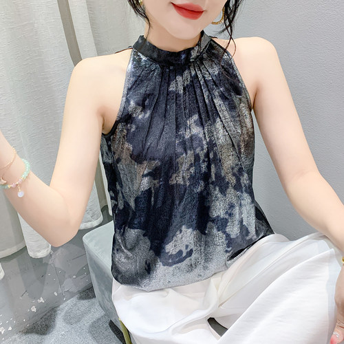 气质挂脖无袖雪纺上衣女夏季设计感国风印花吊带背心洋气打底小衫