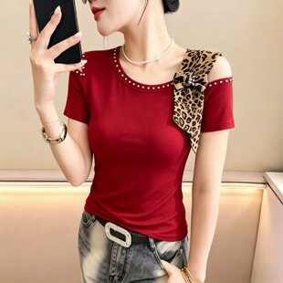 今年流行爆款的女装2026新款夏季时尚露肩短袖T恤豹纹蝴蝶结上衣