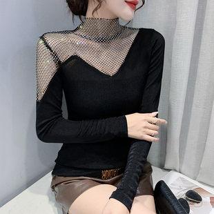 纯欲风半高领镂空别致上衣长袖 女内搭秋冬 t恤潮设计感小众打底衫