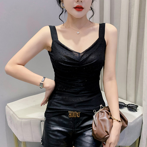 拼接纱网蕾丝吊时尚烫钻带背