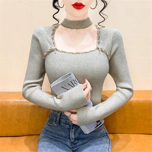 内搭上衣 显瘦打底衫 甜美气质挂脖方领钉珠蝴蝶结针织衫 女秋冬修身