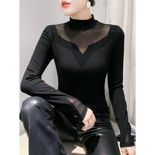 性感透视上衣 打底衫 半高领长袖 t恤女秋冬欧货设计感网纱拼接修身