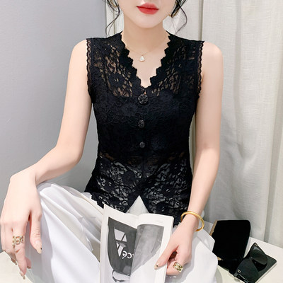 性感镂空V领蕾丝背心女夏装设计感外穿内搭无袖上衣修身显瘦小衫