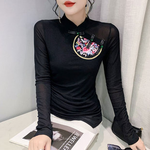 旗袍刺绣洋气打底上衣 气质盘扣新中式 复古国风立领长袖 T恤女秋季