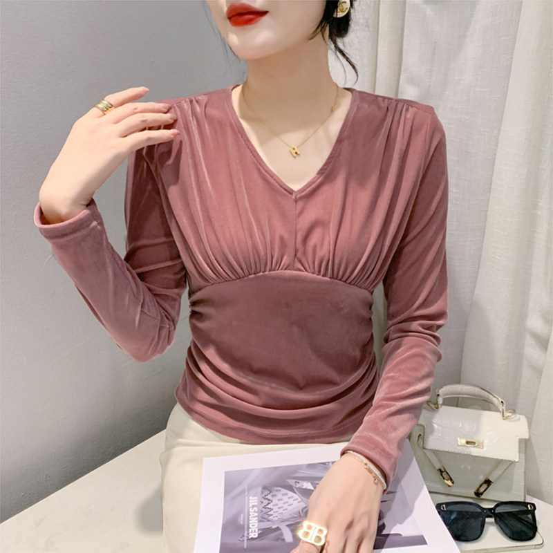 欧货女装金丝绒春秋2024新款褶皱拼接V领T恤内塔上衣女修身打底衫
