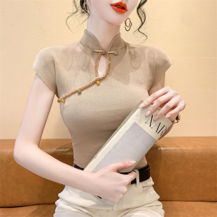 女洋气立领国风短袖 冰丝镂空钉钻针织衫 t恤上衣服 新款 2024年夏装
