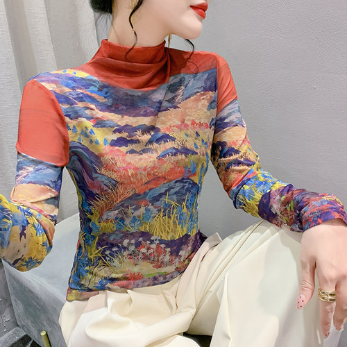 长袖街头常规印花欧货网纱上衣