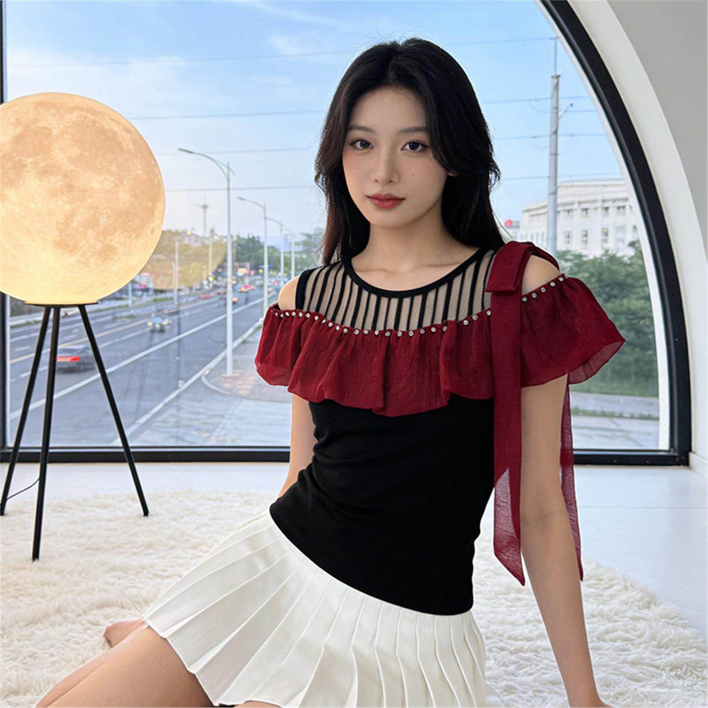 2026夏装新款条纹花边拼接网纱镶钻短袖T恤女修身显瘦设计感上衣