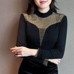 t恤 显瘦长袖 加厚磨毛打底衫 女内搭秋冬欧货重工烫钻上衣洋气修身