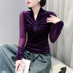 别致钉钻上衣女性感V领丝绒拼接网纱长袖 潮 T恤秋冬收腰褶皱打底衫
