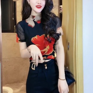 女夏装 网纱印花T恤半高领上衣设计感半袖 2024年新款 修身 时尚 短袖