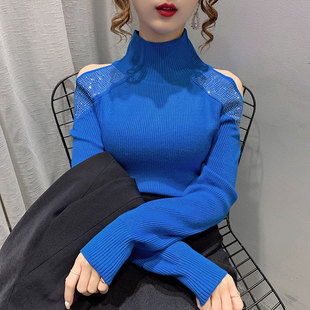 针织衫 秋冬半高领毛衣打底衫 烫钻露肩修身 时尚 内搭上衣 女2024新款