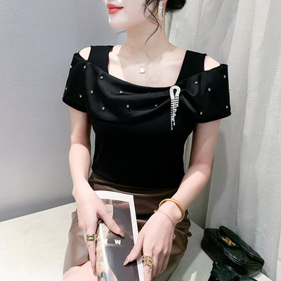 欧货时尚荷叶边短袖上衣女夏季设计感洋气显瘦露肩钉钻小衫T恤潮