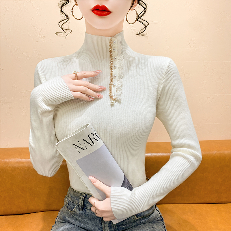 蕾丝花边钉珠半高领长袖针织衫女秋冬新款修身内搭打底衫毛衣上衣