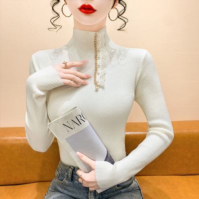 蕾丝花边钉珠半高领长袖针织衫女秋冬新款修身内搭打底衫毛衣上衣
