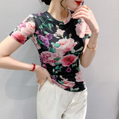 新款 显瘦小衫 时尚 2024夏季 印花网纱T恤女短袖 洋气上衣修身 半袖 潮