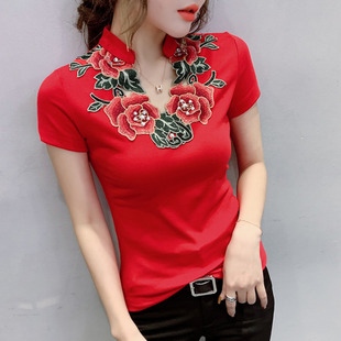 中国风短袖 百搭重工设计感绣花打底衫 显瘦T恤女 时尚 春夏2024新款