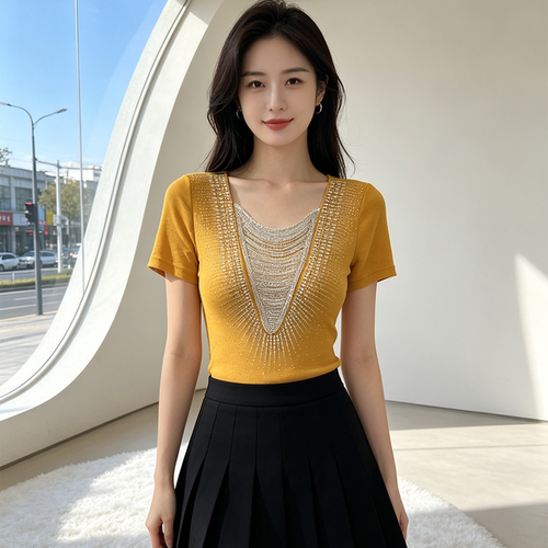 2026夏季新款女装重工镶钻垂折领短袖t恤洋气修身显瘦设计感上衣