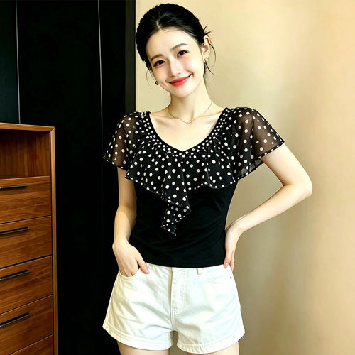 2026年夏季新款女装高级感荷叶边修身显瘦打底衫短袖小衫上衣小众