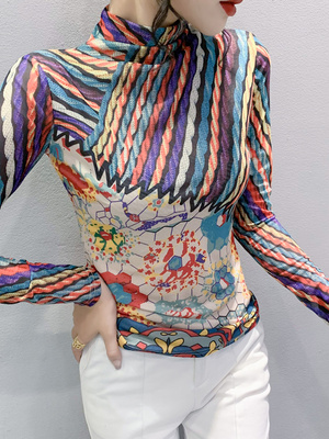 长袖通勤常规印花半高领网纱T