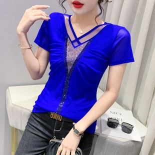 2024新款 小衫 潮时尚 夏洋气性感网纱上衣半袖 烫钻V领T恤女短袖 女装